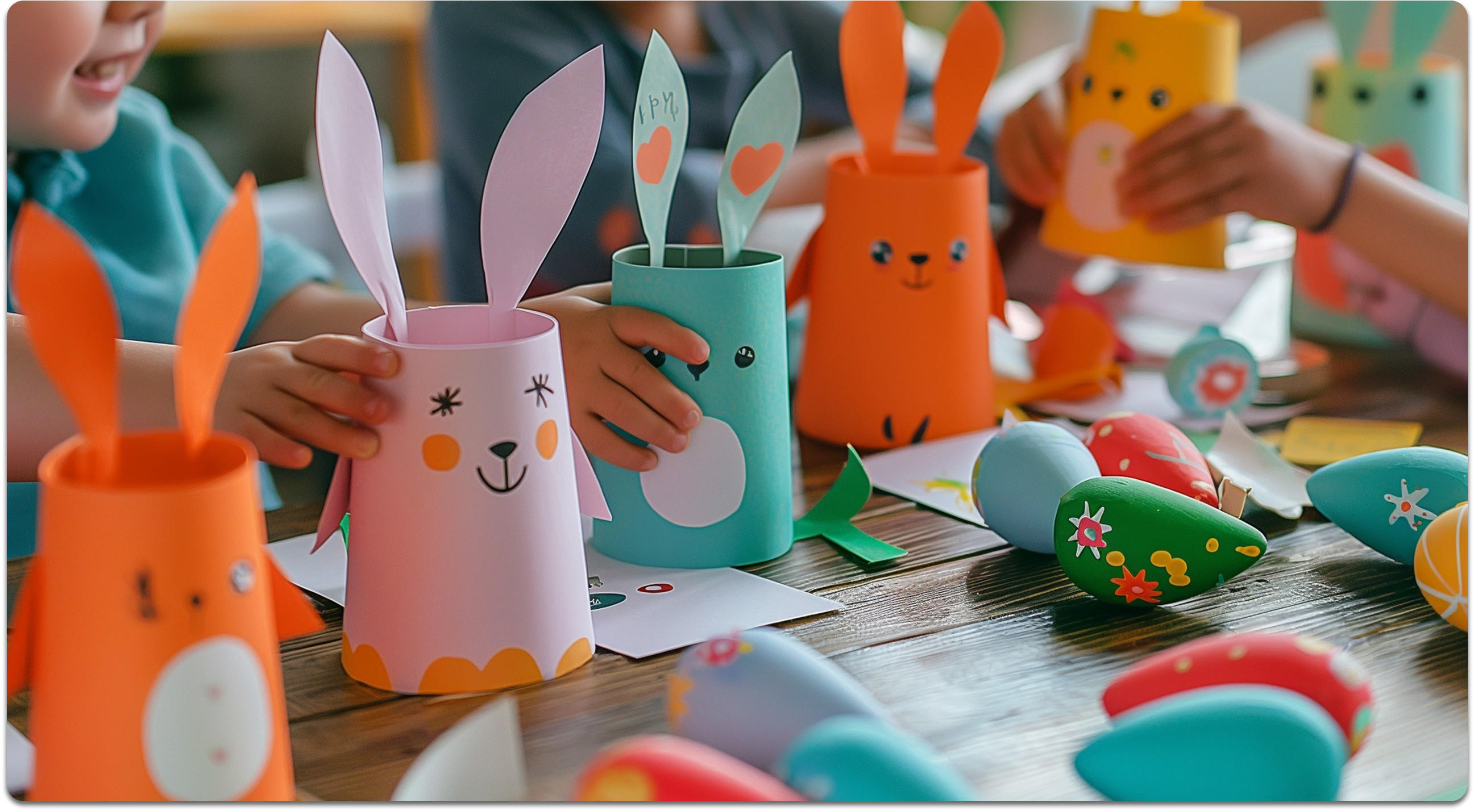 Kinder basteln am Tisch bunte Hasenfiguren aus Pappe und Papierrollen; daneben liegen bemalte Ostereier und Bastelmaterial.