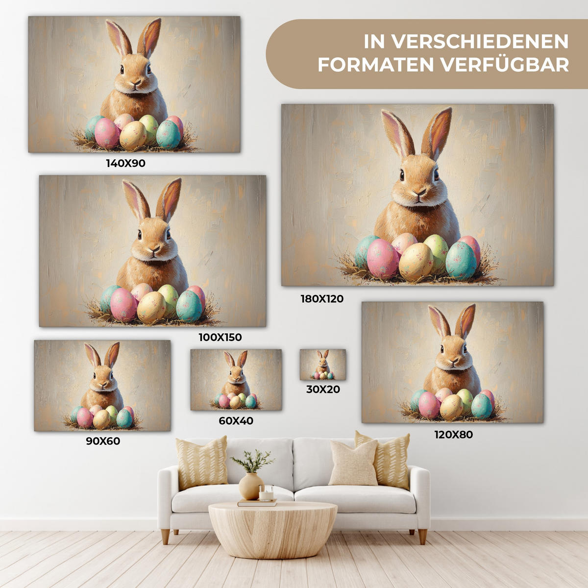 LEINWANDBILD Osterhase - Pastell - Eier Groß 140x90 cm - Beige, Textil (140/90cm) - MuchoWow