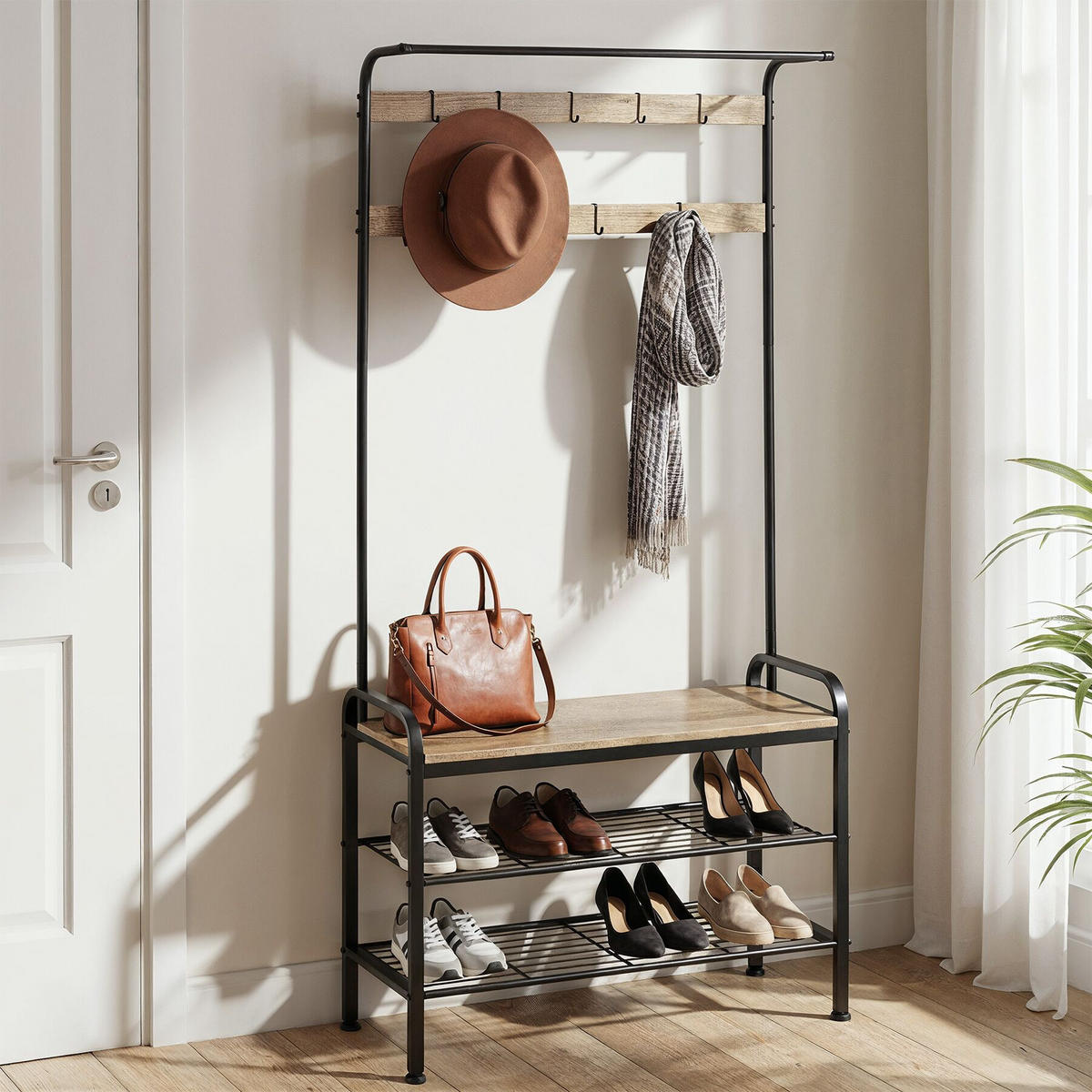 GARDEROBENSTÄNDER Alberta, inklusive Kippschutz, 85,5 x 36 x 184 cm, Industrial Holz hell, Eiche Sonoma - Naturfarben, Textil (36/184/85.5cm) - tectake
