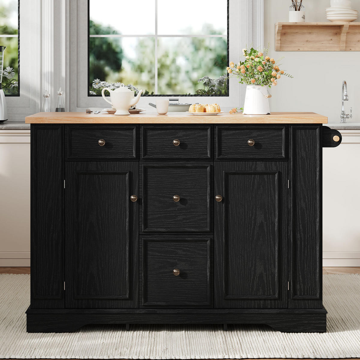 KÜCHENINSEL 130,5/40-65/92 cm schwarz mit klappbarer Arbeitsplatte und Ladestation - Schwarz, Holzwerkstoff (130.5/92/65cm) - OKWISH