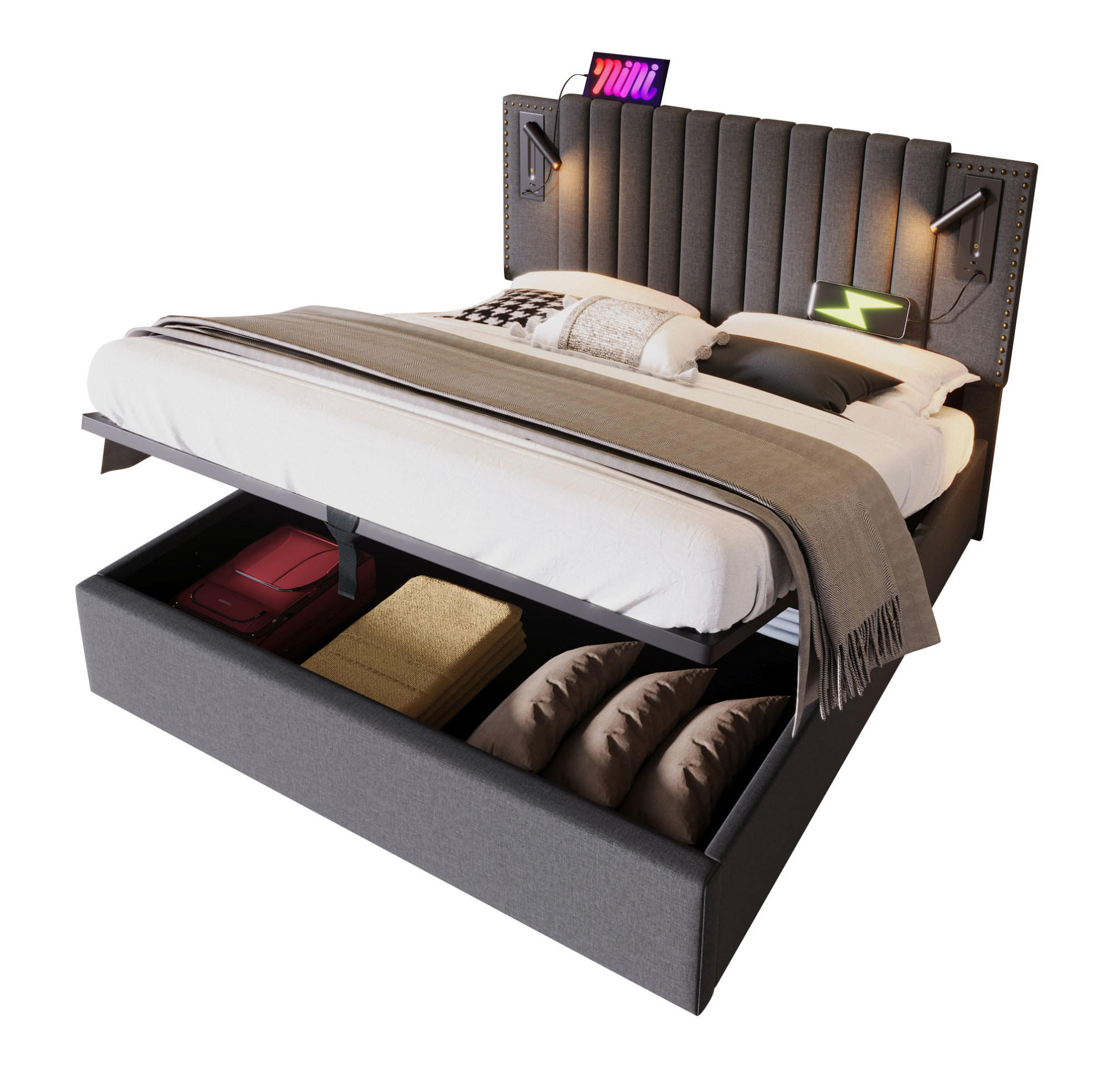 POLSTERBETT 160/200 cm mit Bettkasten, Matratze, Leselicht, USB- und USB-C-Anschlüssen, höhenverstellbarem Kopfteil, Grau - Grau, Textil (160/200cm) - Redom