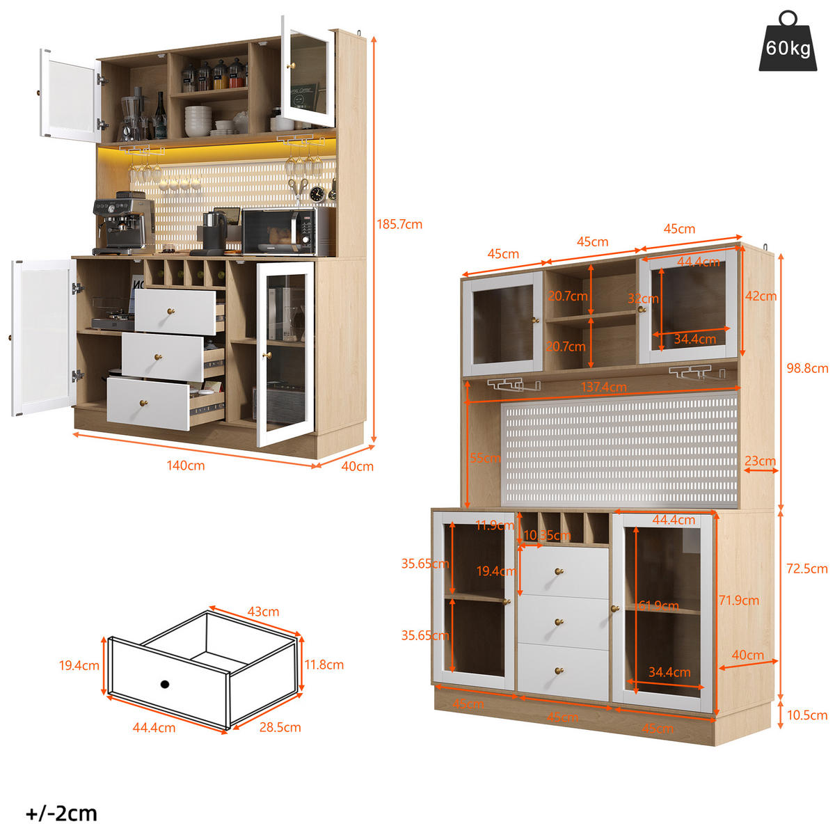 GESCHIRRSCHRANK aus MDF & Glas 140x40x185.7cm in Weiß mit Smart LED - Weiß, Holzwerkstoff (140/185.7/40cm) - Modfu