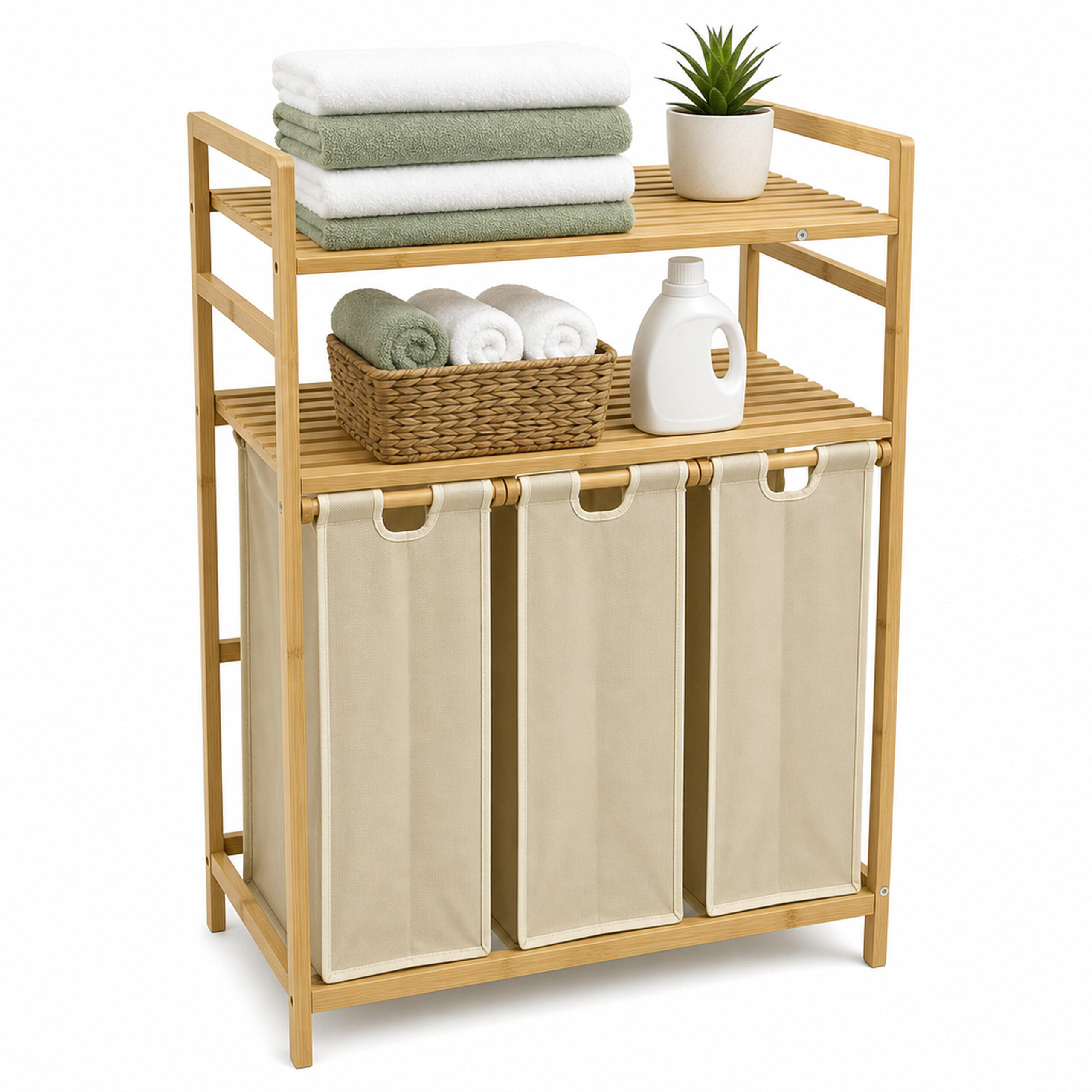 WÄSCHESAMMLER Natur Beige 3er-Set Bambus - Multicolor, Holz/Textil (78/100/41.5cm) - Relaxdays