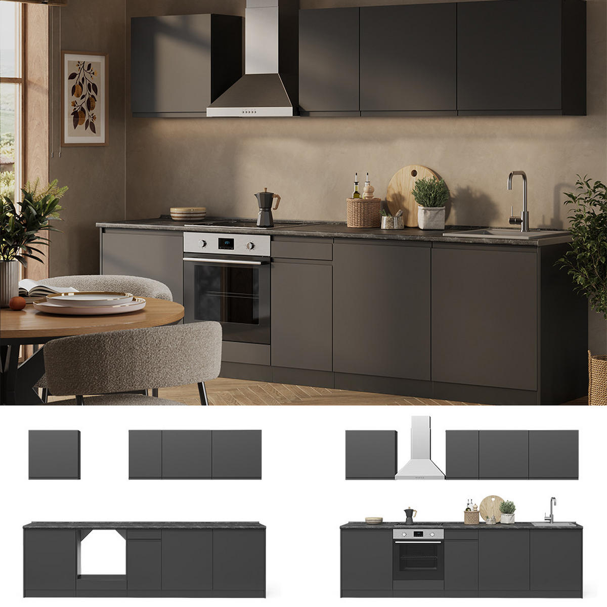 KÜCHENZEILE R-Line, Anthrazit/Anthrazit, 280 cm Arbeitsplatte Satin - Anthrazit, Holzwerkstoff (280/206.8/60cm) - Vicco