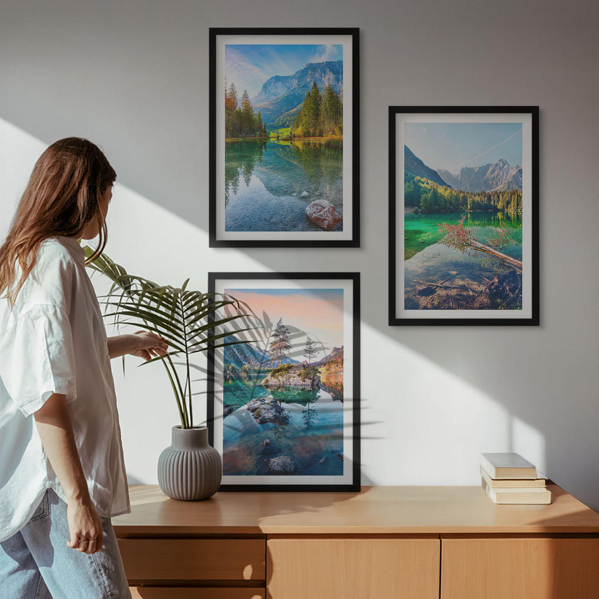 BILDER SET 3er Set - 40x60 cm Schwarzer Rahmen - Naturlandschaft der Bergseen - Schwarz, Kunststoff (40/60cm) - TULUP