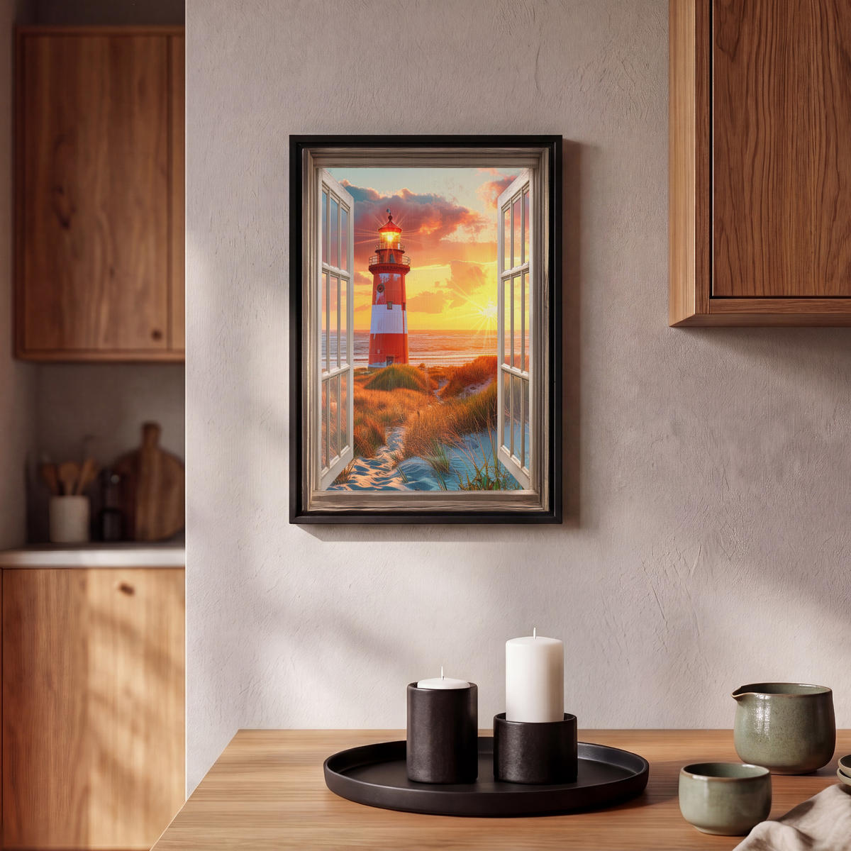 LEINWAND Bilder mit Rahmen - Aussicht - Fenster - Leuchtturm - Sonnenuntergang - Strand - 20x30 - Dunkelorange, Textil (20/30cm) - MuchoWow