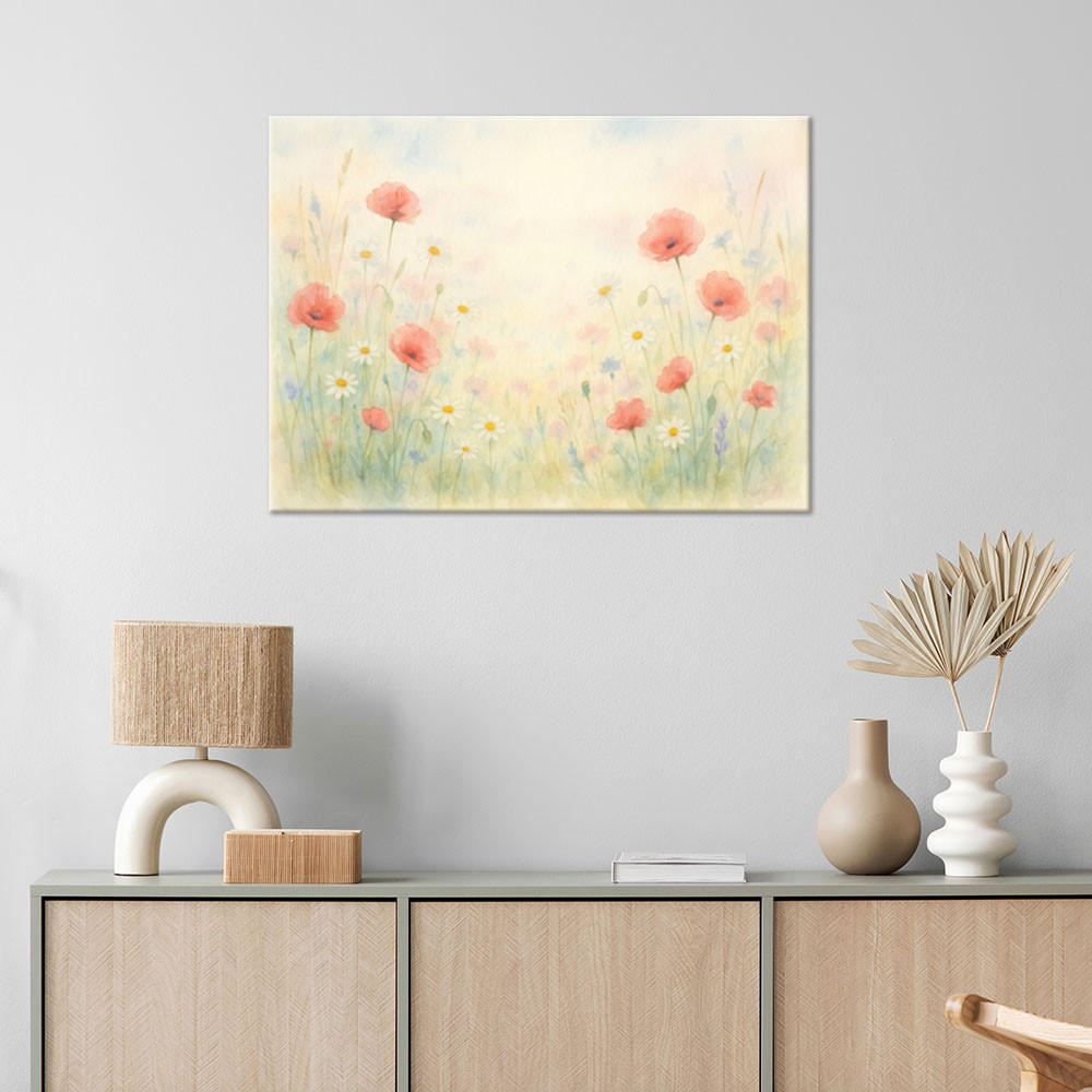 LEINWANDBILD Mohnblumen Wildblumen im Shabby Chic Stil 90x60cm - Beige, Textil (90/60cm) - Feeby