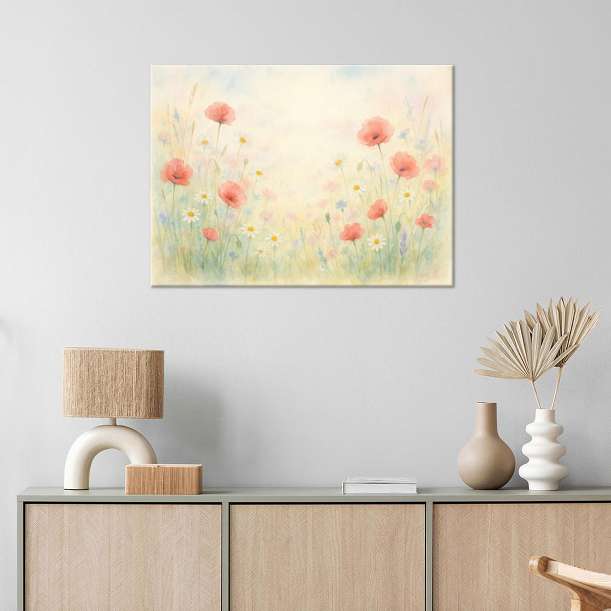 LEINWANDBILD Mohnblumen Wildblumen im Shabby Chic Stil 90x60cm - Beige, Textil (90/60cm) - Feeby