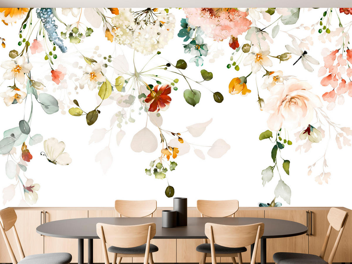 FOTOTAPETE für Schlafzimmer Bunte Zarte Blumen Blätter Pastell 150x105 - Ecru/Beige, Papier (150/105cm) - Muralo