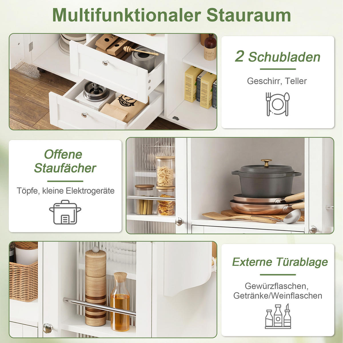 SERVIERWAGEN in Weiß Kücheninsel mit klappbarer Arbeitsplatte und Gewürzregal, L120 × T45 (70) × H92 cm - Weiß, Holzwerkstoff (137/92/70cm) - STILVORA