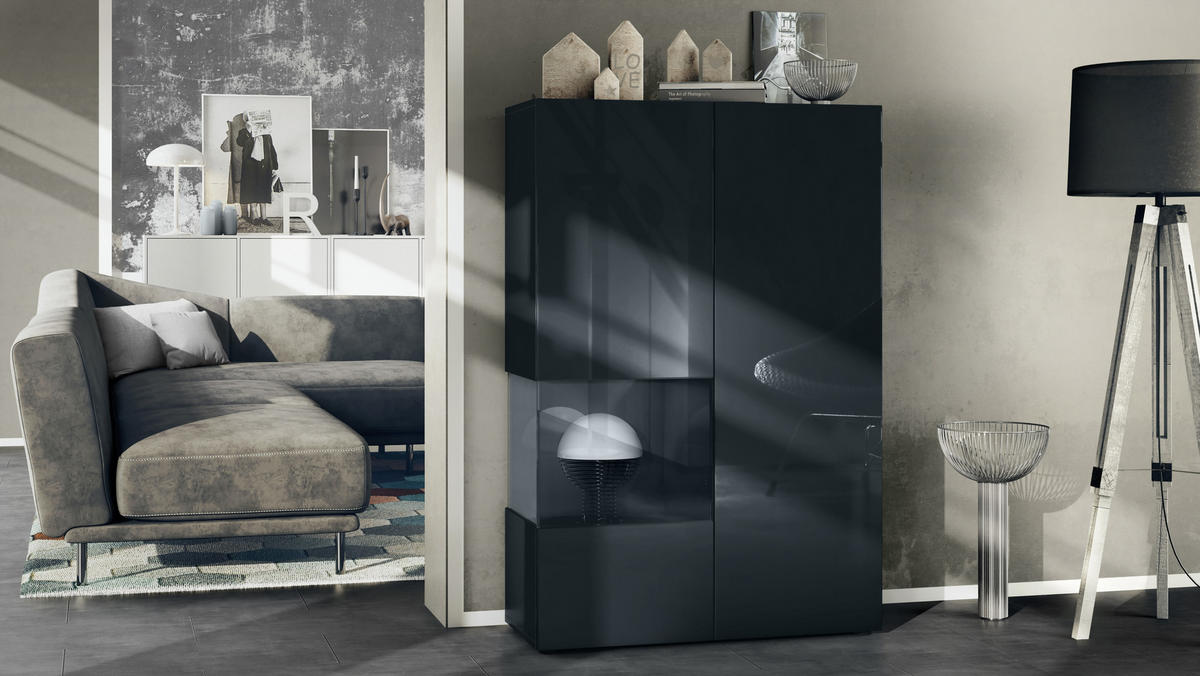VITRINE Morena Einsatz in Schwarz Hochglanz - Schwarz Hochglanz, Holzwerkstoff (91.5/136.5/37cm) - Vladon