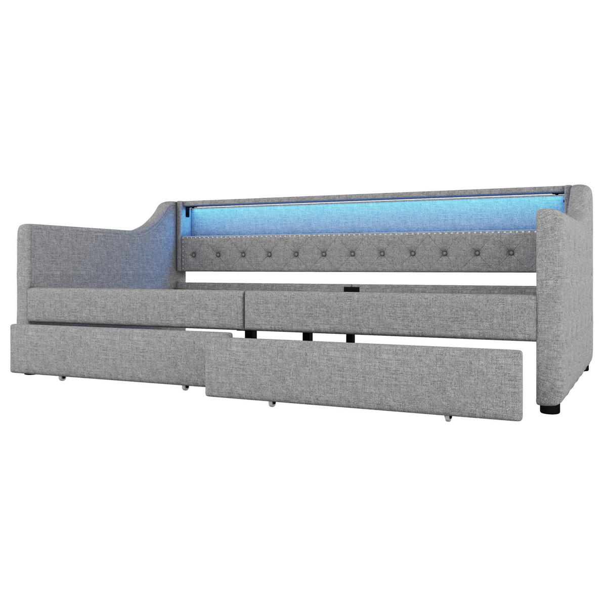 BETT 90/200 cm mit Kopfteil, 2 Schubladen, USB und LED, inkl. Lattenrost, Grau - Grau, Textil (90/200cm) - BEAOK