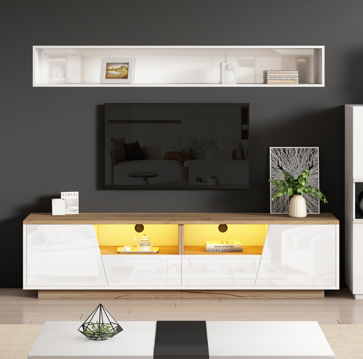 TV-LOWBOARD aus Spanplatte 180x40x46 cm Weiß/Naturholz mit LED-Beleuchtung und Stauraum - Weiß, Holzwerkstoff (180/46/40cm) - IVMEU