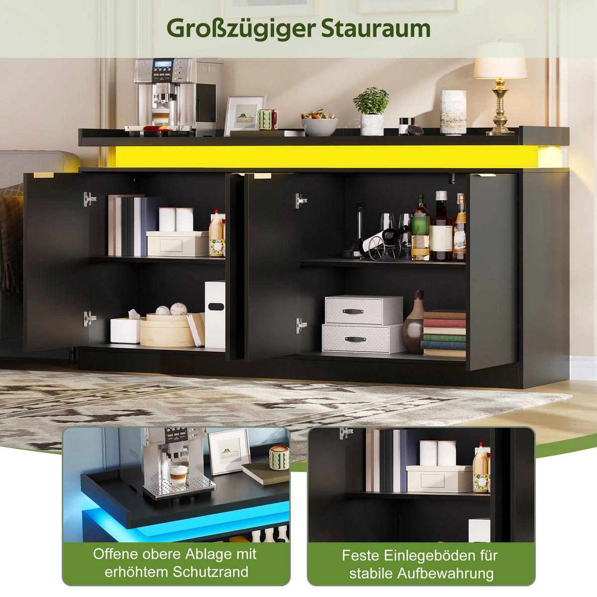 SIDEBOARD DE-38751 160/39/83 cm LED-Beleuchtung und 4 Türen Schwarz - Schwarz, Holzwerkstoff (160/83/39cm) - ComfortXL