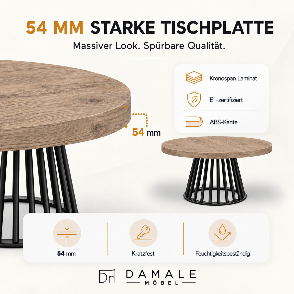 ESSTISCH rund ausziehbar 100/300/76 cm, Graubraun Eiche Halifax Egger, 54 cm Tischplatte + Lamellen-Metallgestell Schwarz - Eichefarben/Graubraun, Holzwerkstoff/Metall (100/300/76cm) - Damale Möbel