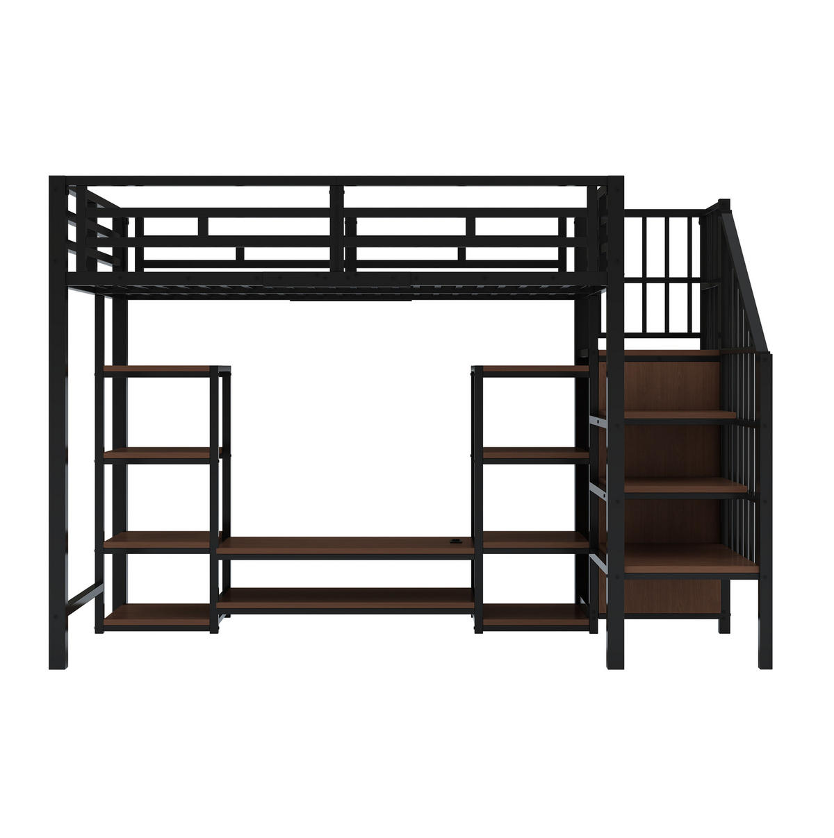 HOCHBETT aus Metall und MDF 90x200 cm Schwarz mit TV-Ständer, Steckdose und Aufbewahrungsleiter - Schwarz, Metall (90/190cm) - Modfu