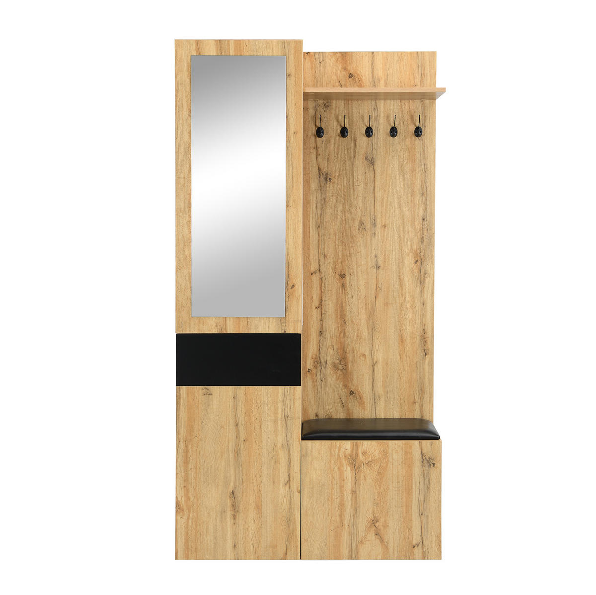 GARDEROBENSET 98,5/38/191 cm aus MDF mit Spiegel und Schuhschränken Schwarz/Natur - Schwarz, Holzwerkstoff (98.5/191/38cm) - Modenvie