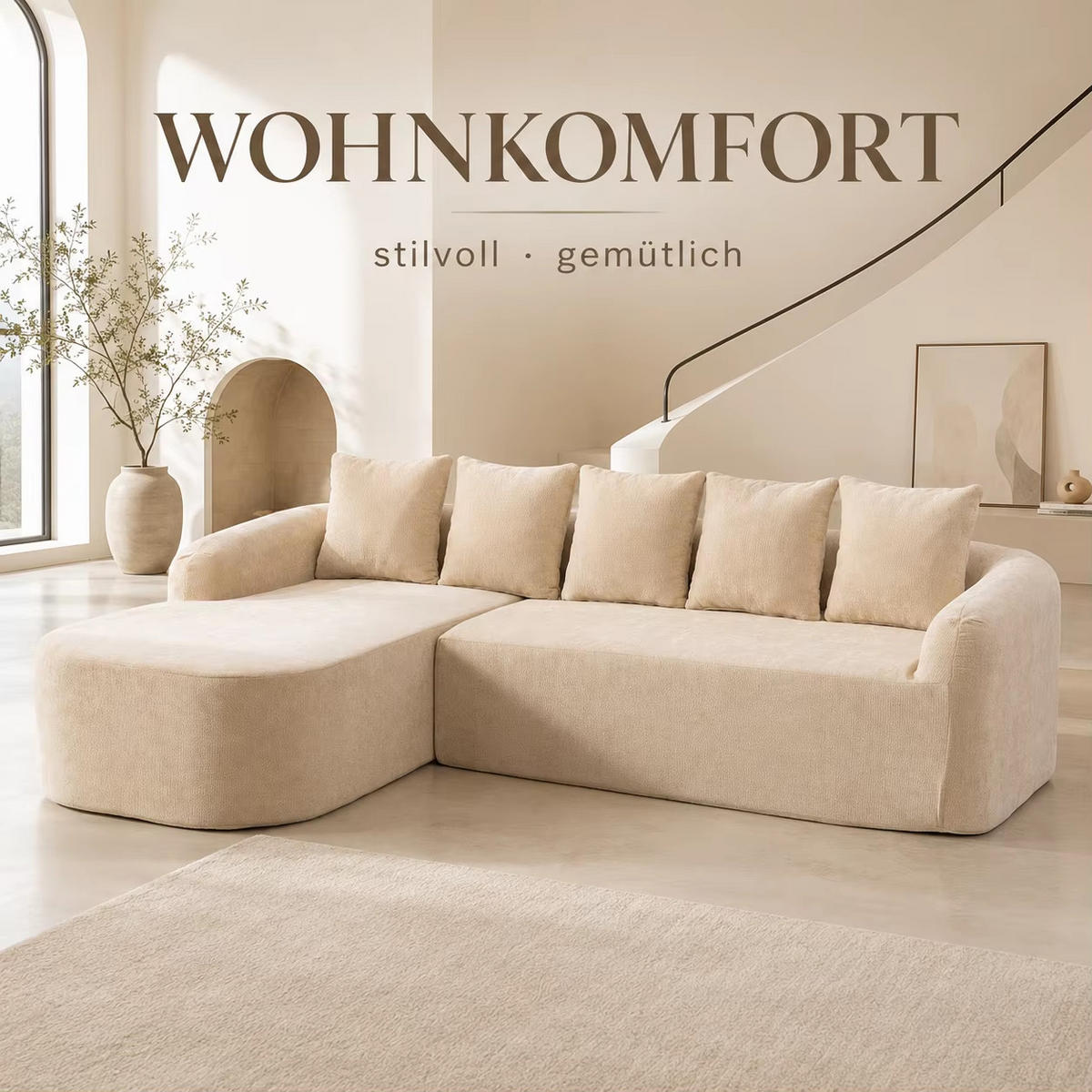ECKSOFA Chenille, Modulares Kompressionssofa mit Komfortpolsterung, Hellkhaki - Beige, Textil (270/172cm) - Kaket