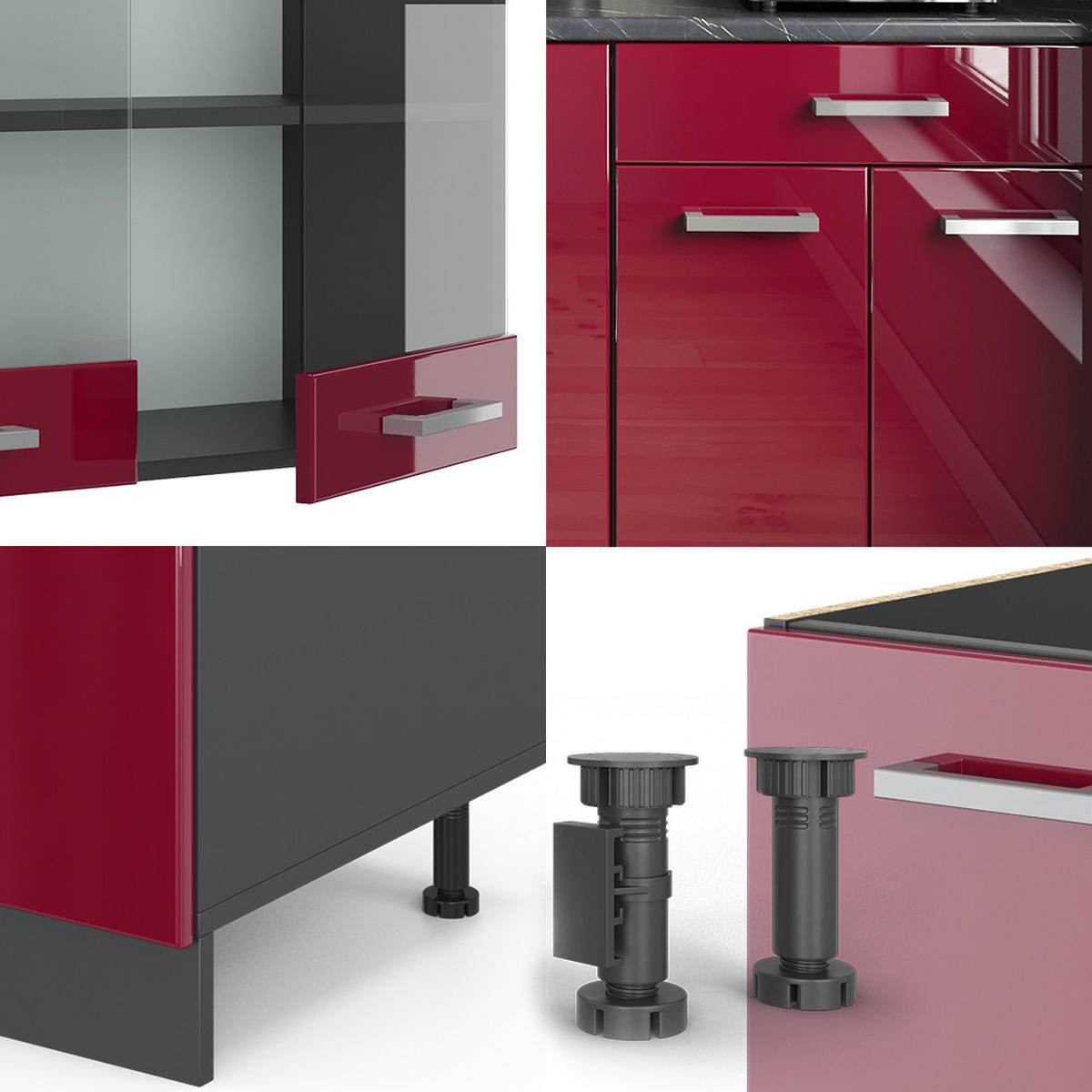 KÜCHENZEILE R-Line Rot Hochglanz/Anthrazit 140 cm , AP Eiche - Anthrazit/Rot, Holzwerkstoff (140/81.6/60cm) - Vicco