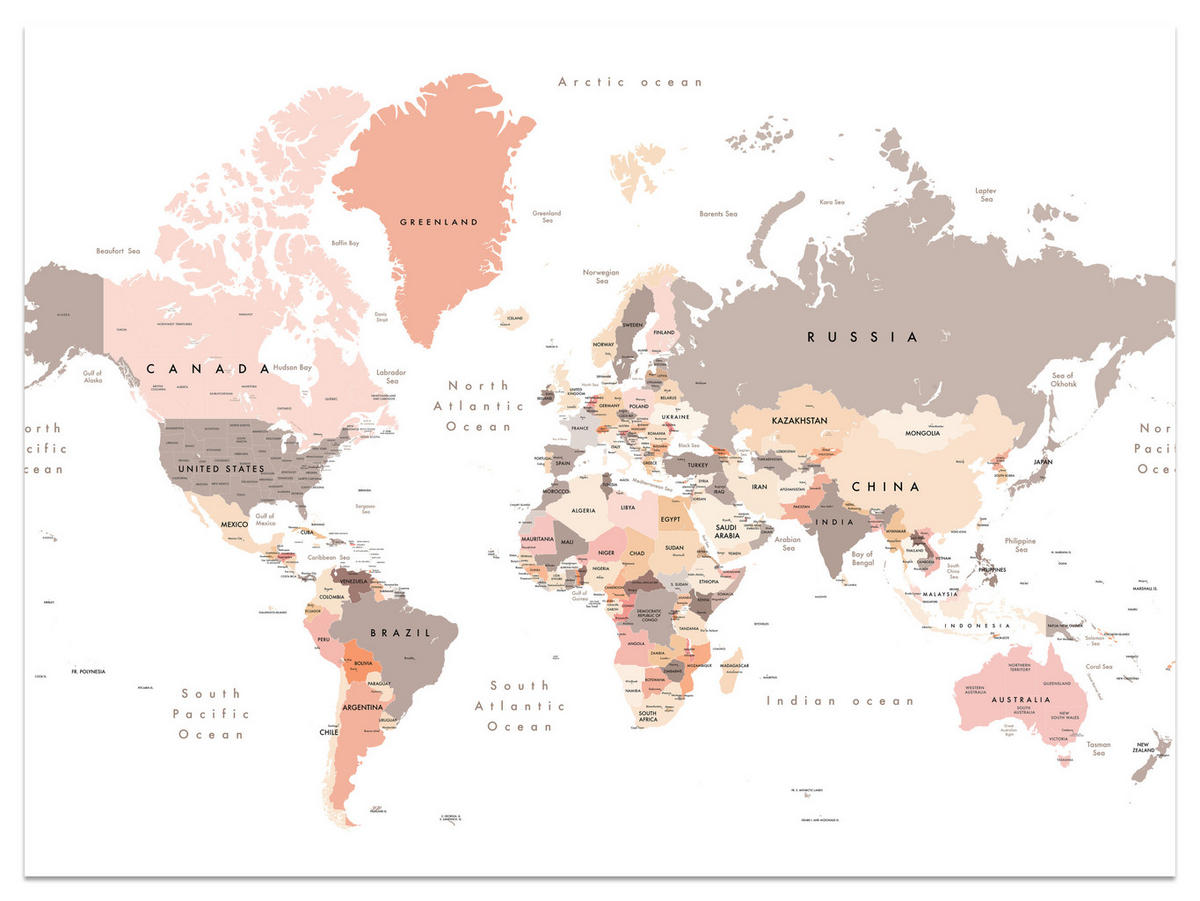 FOTOTAPETE für Büro Pastell Weltkarte Kontinente Ozean Länder 450x315 - Beige/Schwarz, Papier (450/315cm) - Muralo