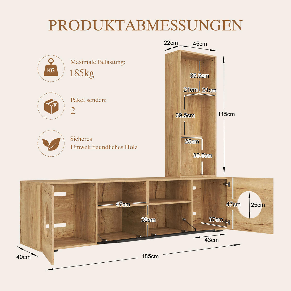 LOWBOARD mit Katzenhöhle und Regal, 185/40/162cm, Holzoptik, Schwarz - Eichefarben, Holz (185/162/40cm) - LVHOM