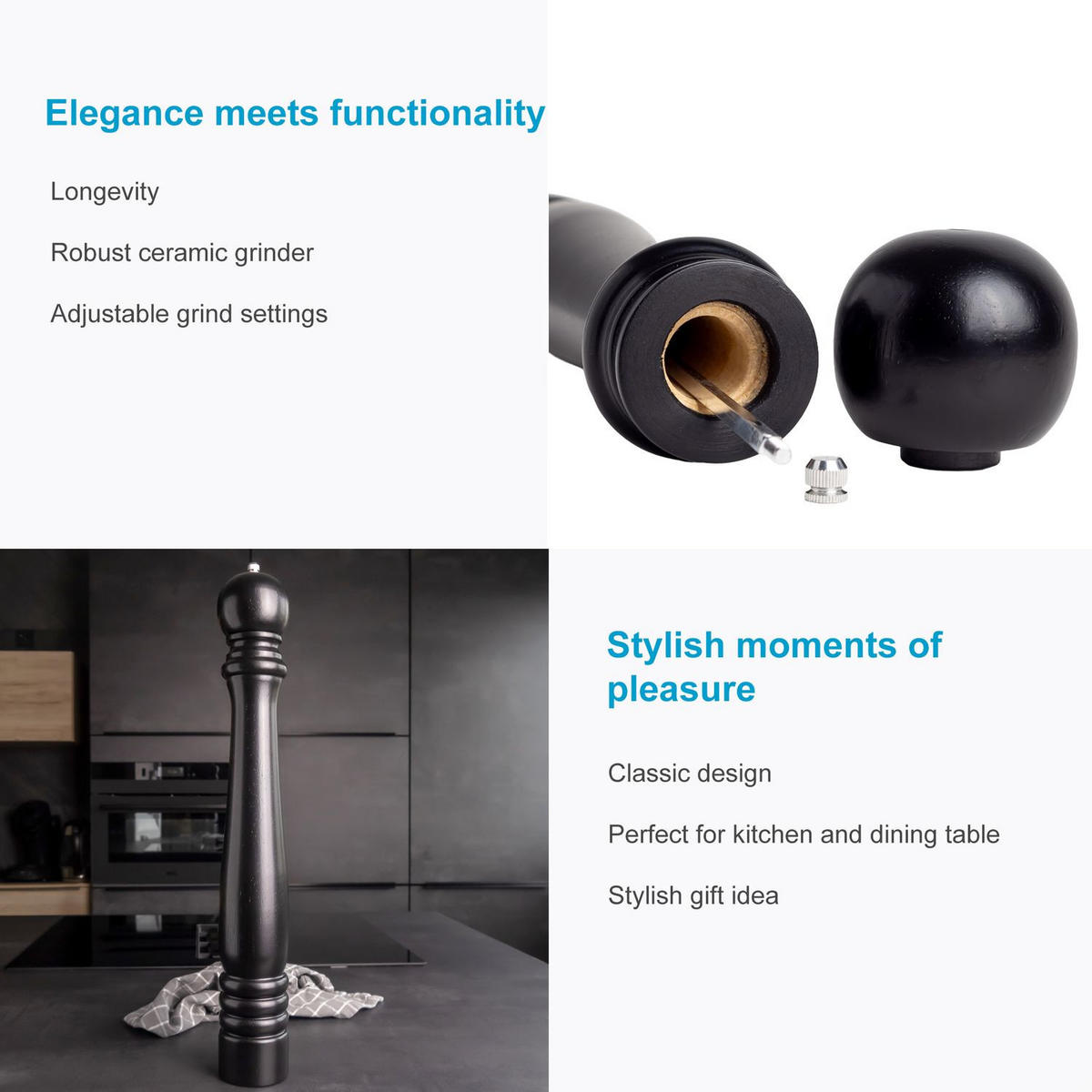 PFEFFERMÜHLE Keramik Mahlwerk aus Holz 50 cm Höhe - Schwarz, Holz (7.5/50/7.5cm) - Intirilife