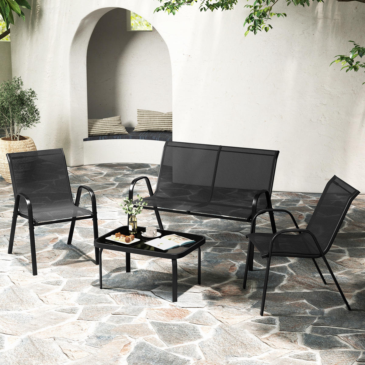 GARTENMÖBEL Set Schwarz(4-teilig) - Schwarz, Metall - COSTWAY