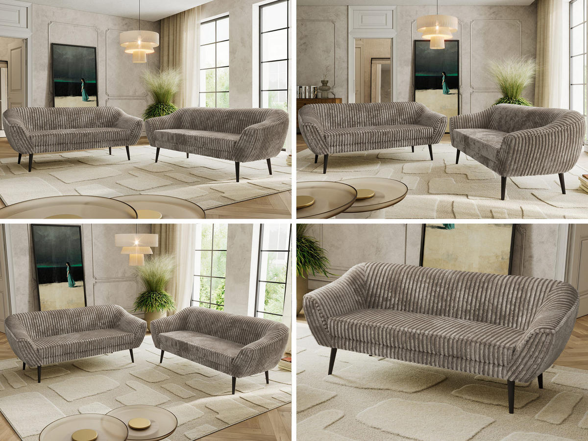 SITZGARNITUR PIRS 3+3 - Hellbraun Cord - Schwarze Beine - Hellbraun/Schwarz, Holzwerkstoff/Textil (180/75/74cm) - MKS