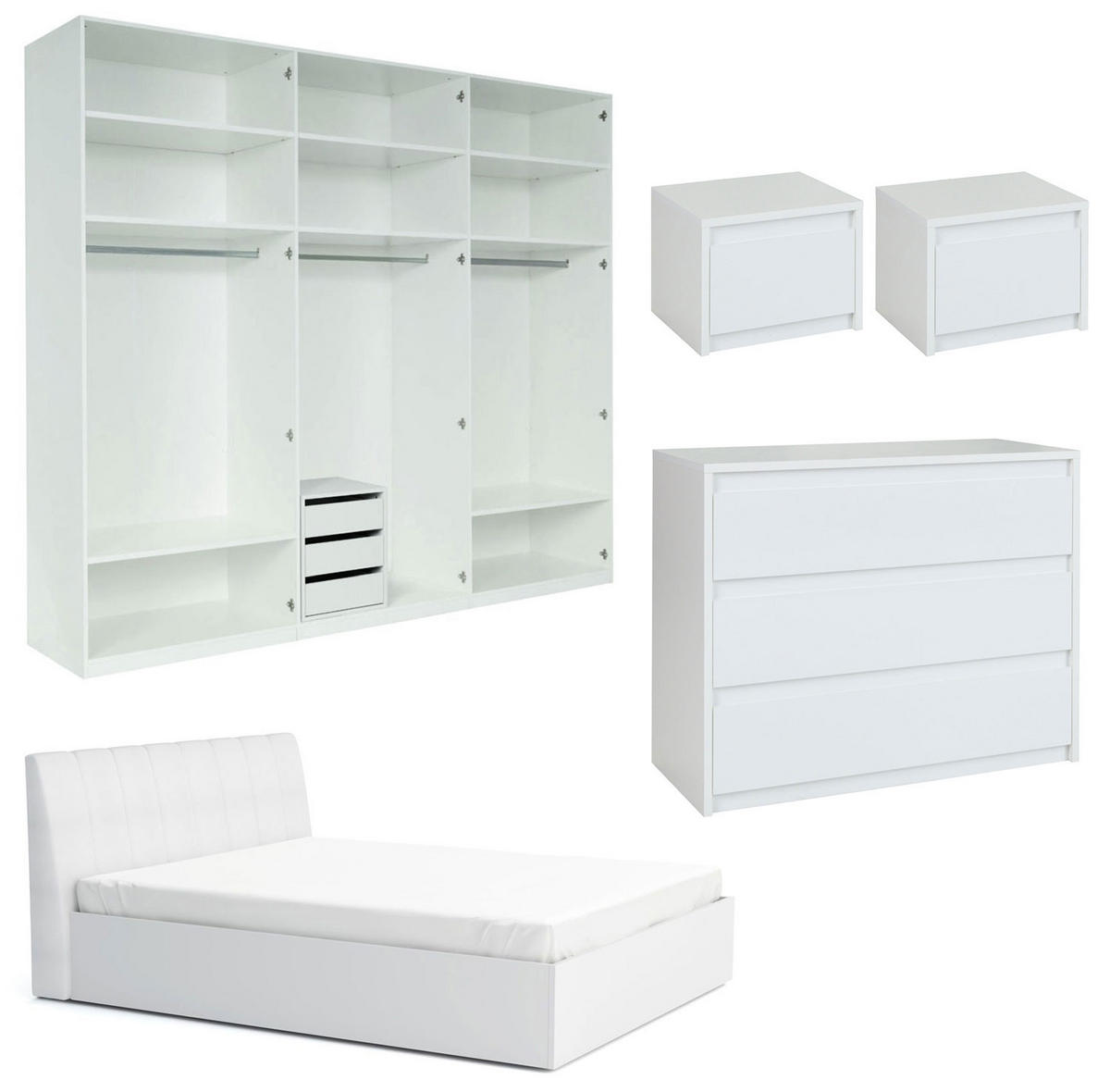 SCHLAFZIMMER-SET Italia Weiß matt / weiß hochglanz 5-teilig - Weiß Hochglanz/Weiß, Holz/Holzwerkstoff (160/200cm) - Feldmann-Wohnen