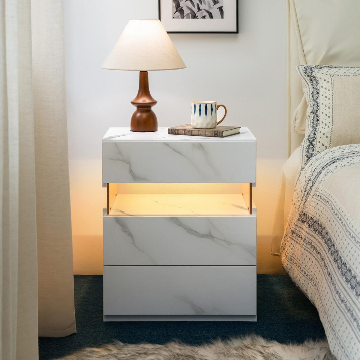 NACHTSCHRANK LED 3 Drawer weißer Stein - Weiß Hochglanz/Bernsteinfarben, Holzwerkstoff (38/61/48cm)