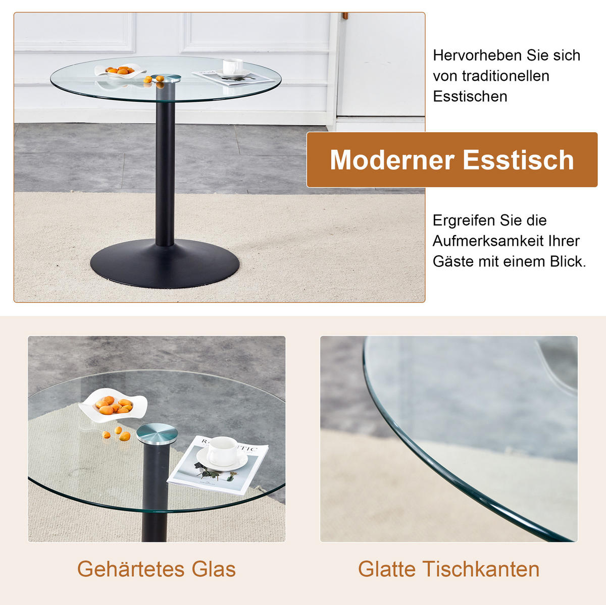 TISCH- UND STUHLSET 4er-Set Glas 85 cm Braun/Schwarz - Braun, Metall (85/76/85cm) - Meubliv