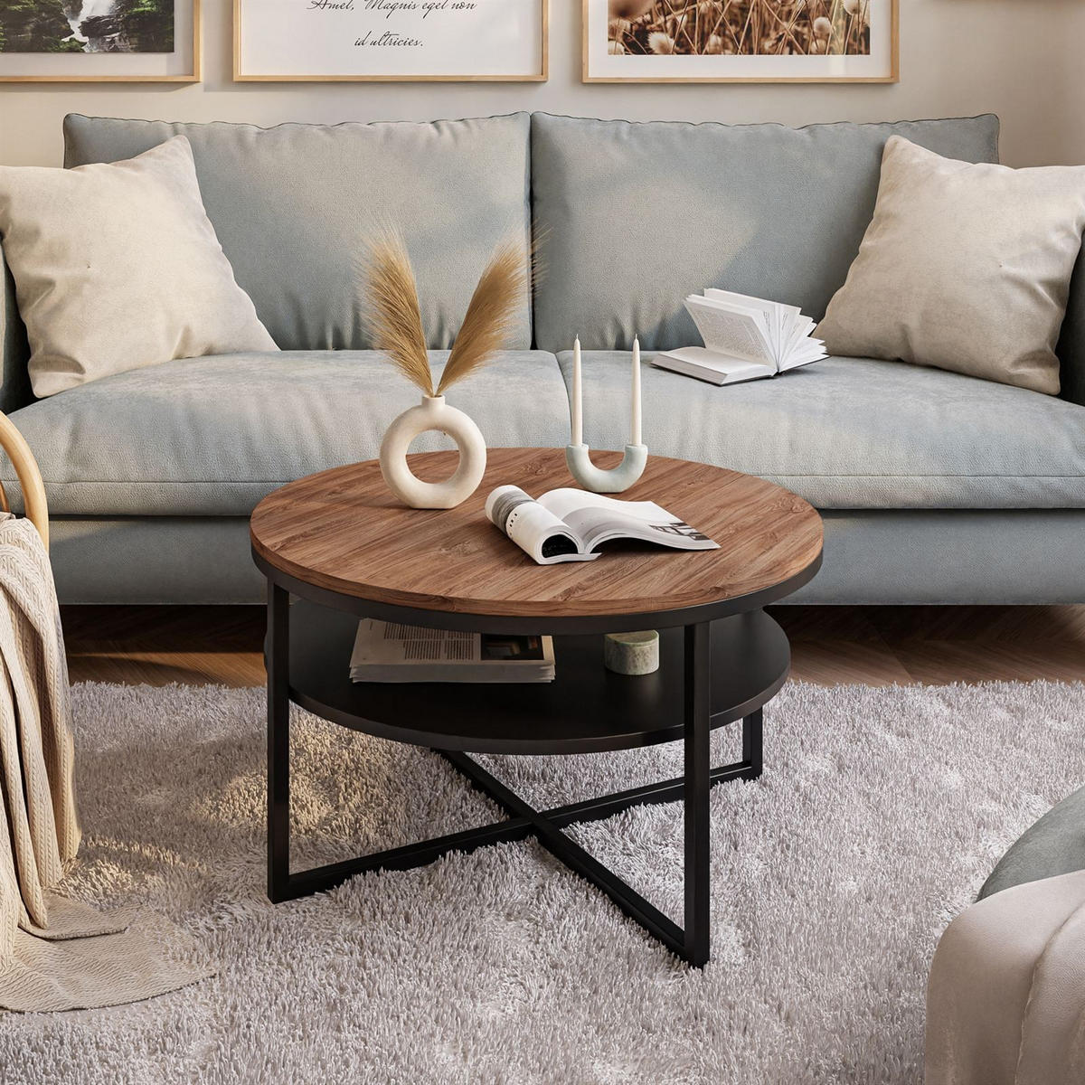COUCHTISCH CIRI-X mit Regal Eichenholz Sterling - Eichefarben/Schwarz, Holzwerkstoff (70/70/45.6cm) - Lookway