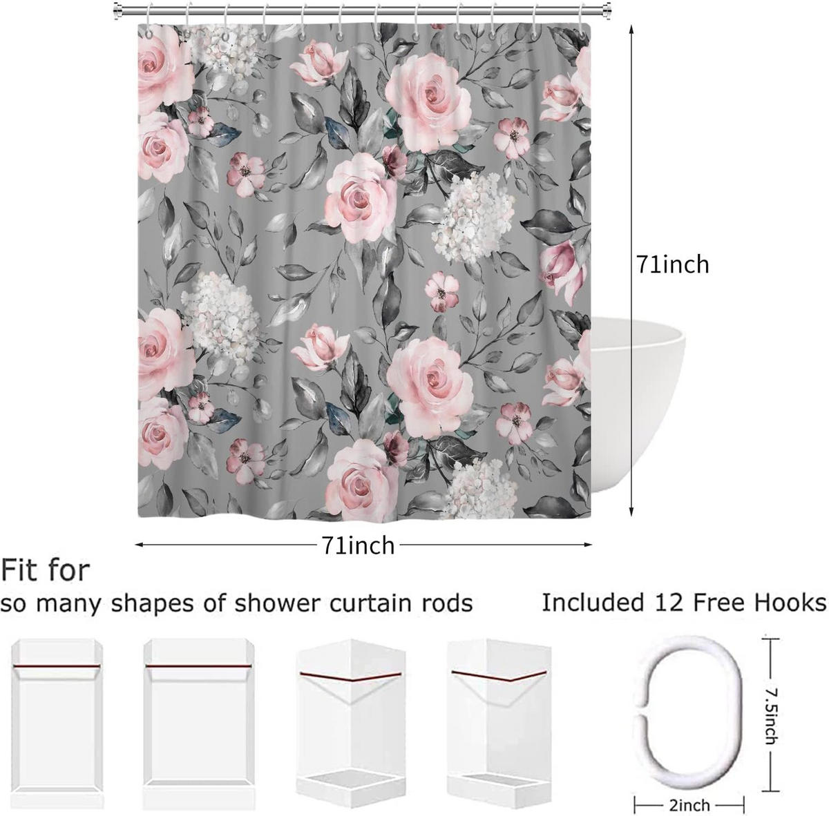 DUSCHVORHANG Rosa Blumen elegant Vintage Aquarell Polyester wasserdicht Badewanne - Multicolor, Textil (180/180cm) - MCBOSON