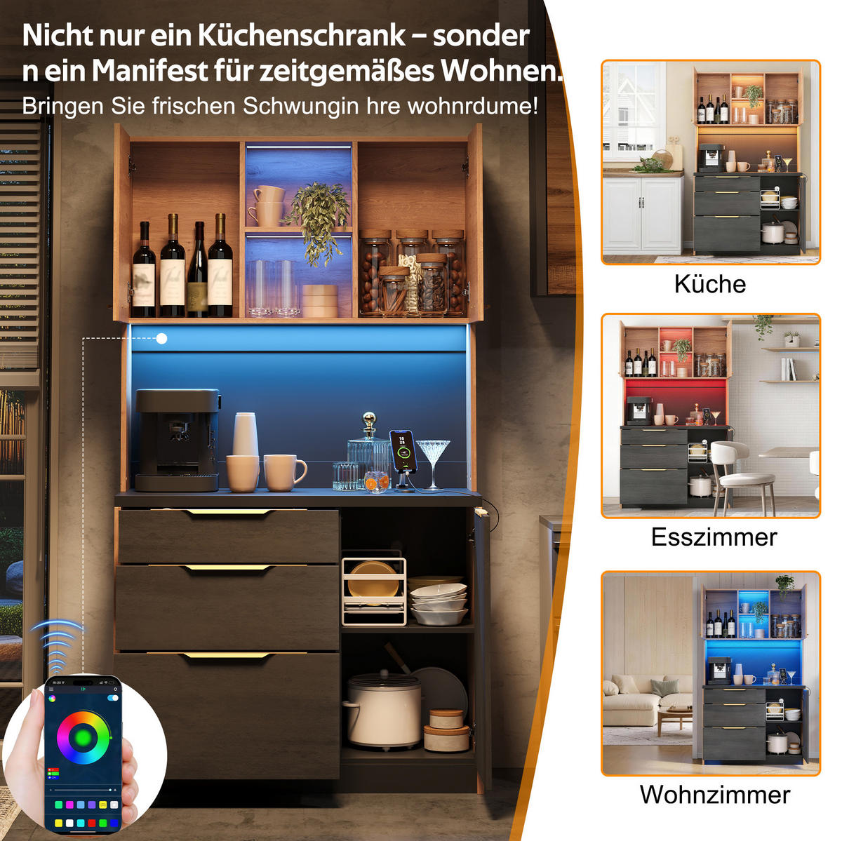 BUFFET 100/40/180 cm aus MDF mit LED-Beleuchtung Grau - Naturfarben, Holzwerkstoff (100/180/40cm) - Modenvie