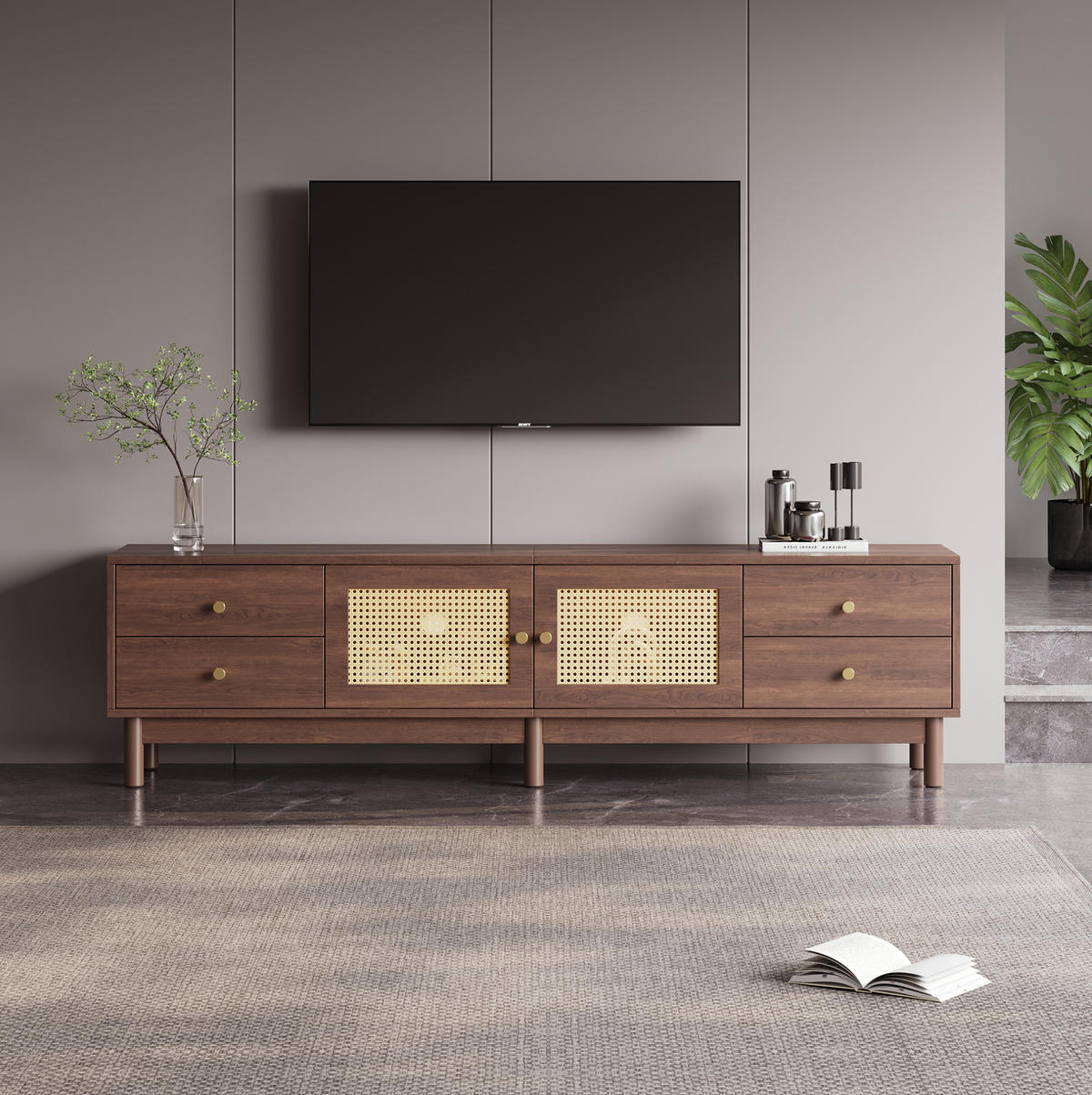 TV-SCHRANK mit Rattantüren und 4 Schubladen 180 cm Holzoptik Braun - Braun, Holzwerkstoff (35/44/180cm) - Beauniv