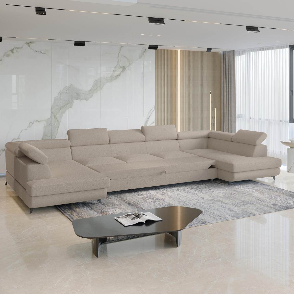 WOHNLANDSCHAFT URMANO Beige Boucle-Stoff mit Schlaffunktion - Beige, Holz (395/89/190cm) - MASSENO