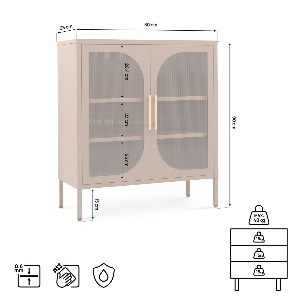 SIDEBOARD LUKA aus Metall und Industrie mit 2 braunen Türen und geriffeltem Glas, 80 cm - Braun, Metall (80/90/35cm) - Sicaan