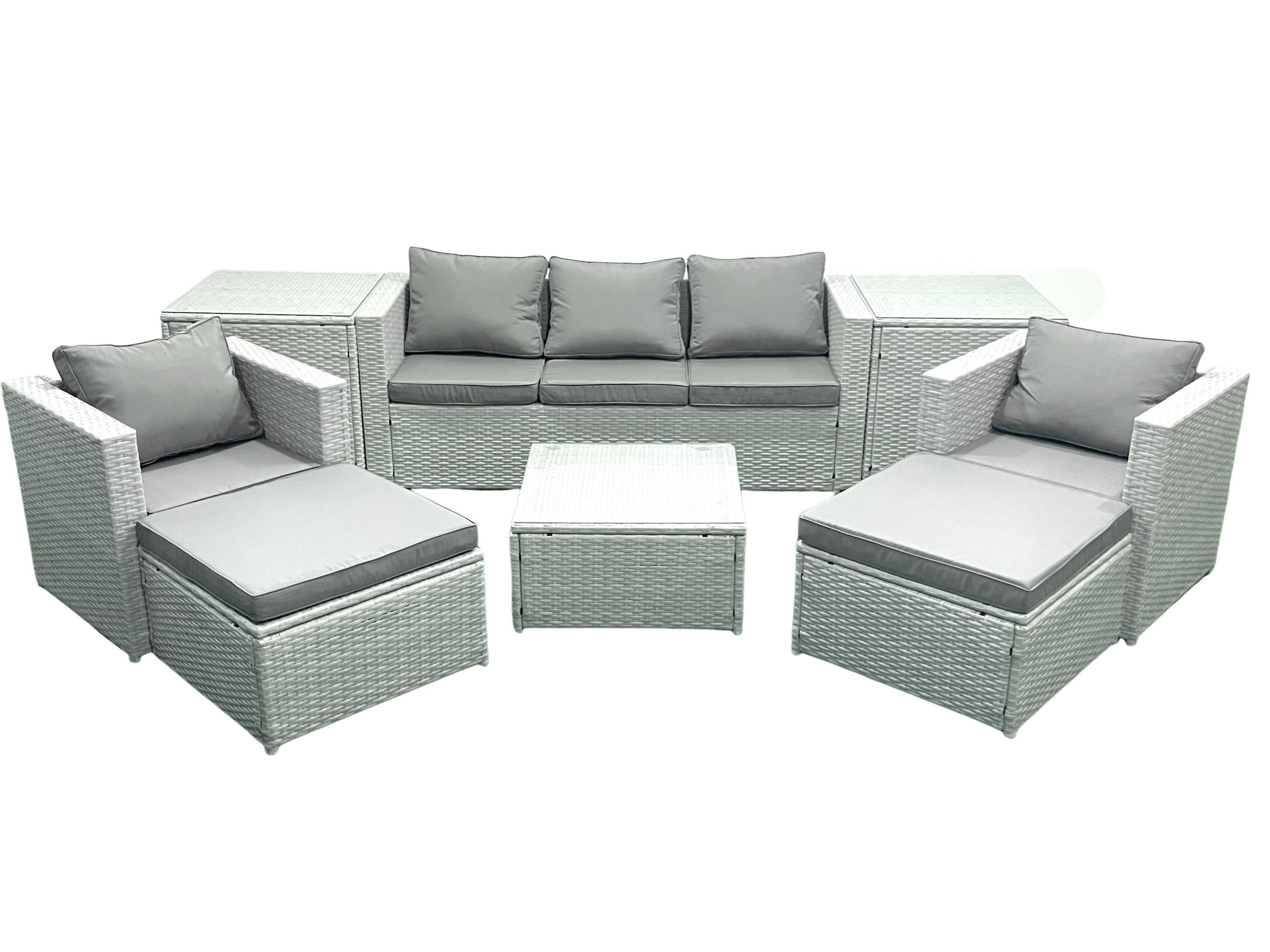 GARTENMÖBEL-SET mit Kissen Polyrattan Hellgrau-Mix 7-Sitzer - Hellgrau/Grau, Glas/Kunststoff - Fimous