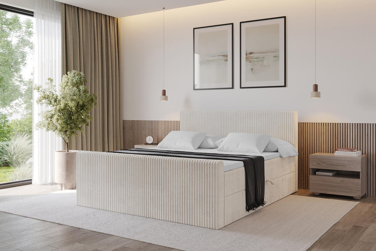 BOXBETT mit Matratze H3 und Lattenrost - TOLO-Z - 200x200 Cord - Creme - Creme, Holzwerkstoff (200/200cm) - ALTDECOR