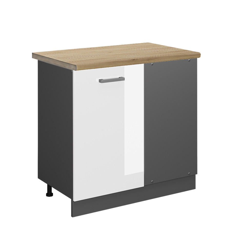 ECKUNTERSCHRANK R-Line Weiß Hochglanz 86 cm, AP Eiche - Weiß Hochglanz/Anthrazit, Holzwerkstoff (86/81.6/60cm) - Vicco
