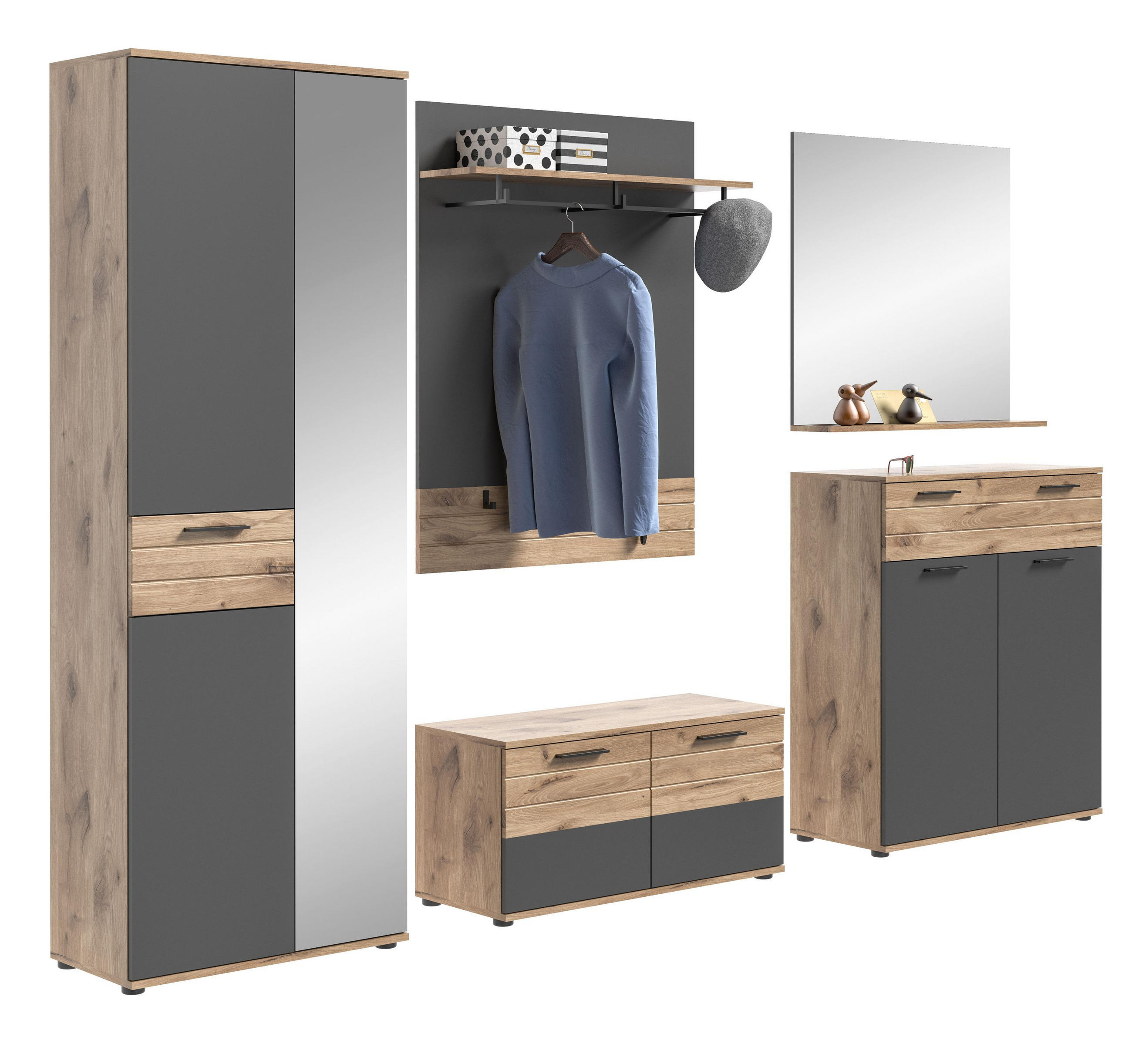 GARDEROBEN-SET MASON 5-tlg. (B/H/T: ca. 280/200/38 cm) in Nox Oak Nachbildung/Basalt grau - Eichefarben, Holzwerkstoff (280/200/38cm)