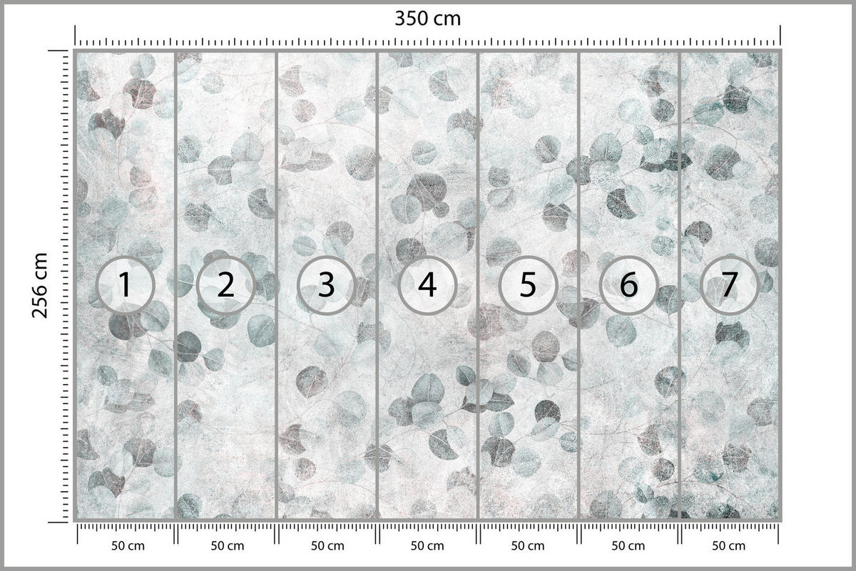 FOTOTAPETE Eukalyptusblätter Beton Vintage Stil 350x256 - Grau/Grün, Papier (350/256cm) - Muralo
