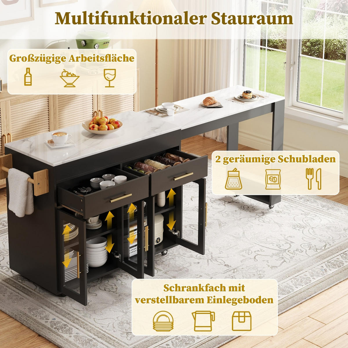 KÜCHENINSEL mit ausziehbarem Bartisch, Glastüren und Stauraum, Schwarz-Marmoroptik, 132,5-217/50/93 cm - Schwarz, Kunststoff (50/93/217cm) - Rolipo
