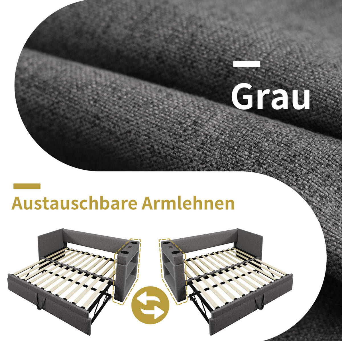 POLSTERBETT 90/190 cm Grau aus Baumwolle und Leinen mit Ausziehbett - Grau, Textil (90/190cm) - OKMYHOME