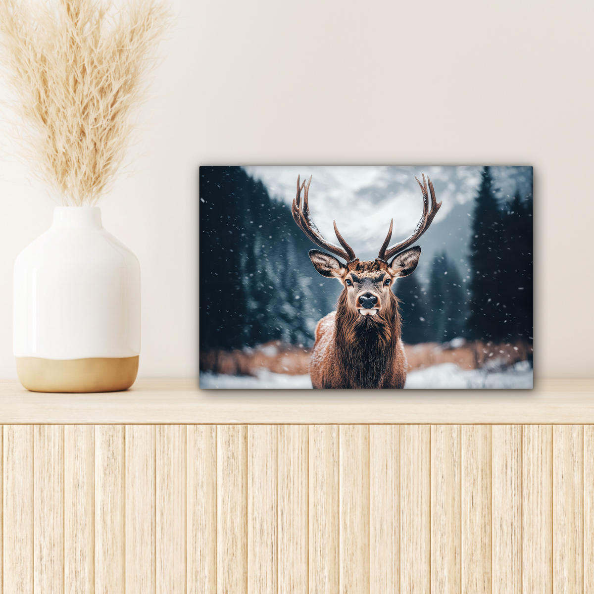 LEINWANDBILD Hirsche - Tiere - Landschaft - Winter - Schnee 30x20 cm - Kastanienfarben, Textil (30/20cm) - MuchoWow