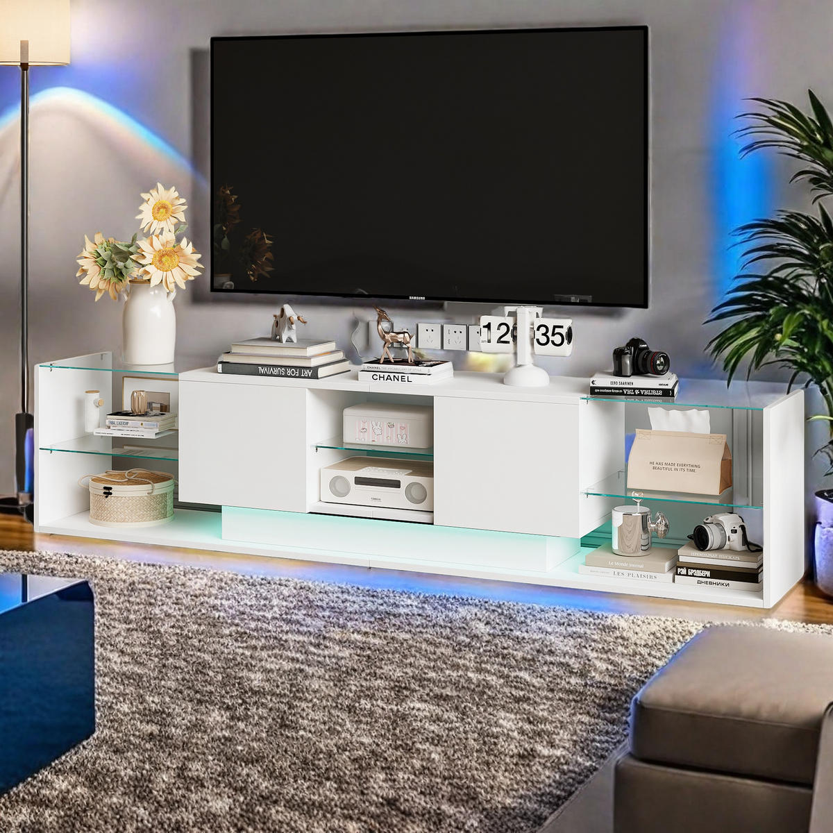 LED TV-TISCH 200CM WEIß MIT STAURAUM WOHNZIMMER - Weiß, Holzwerkstoff (35/45/200cm) - SHOPENTRA