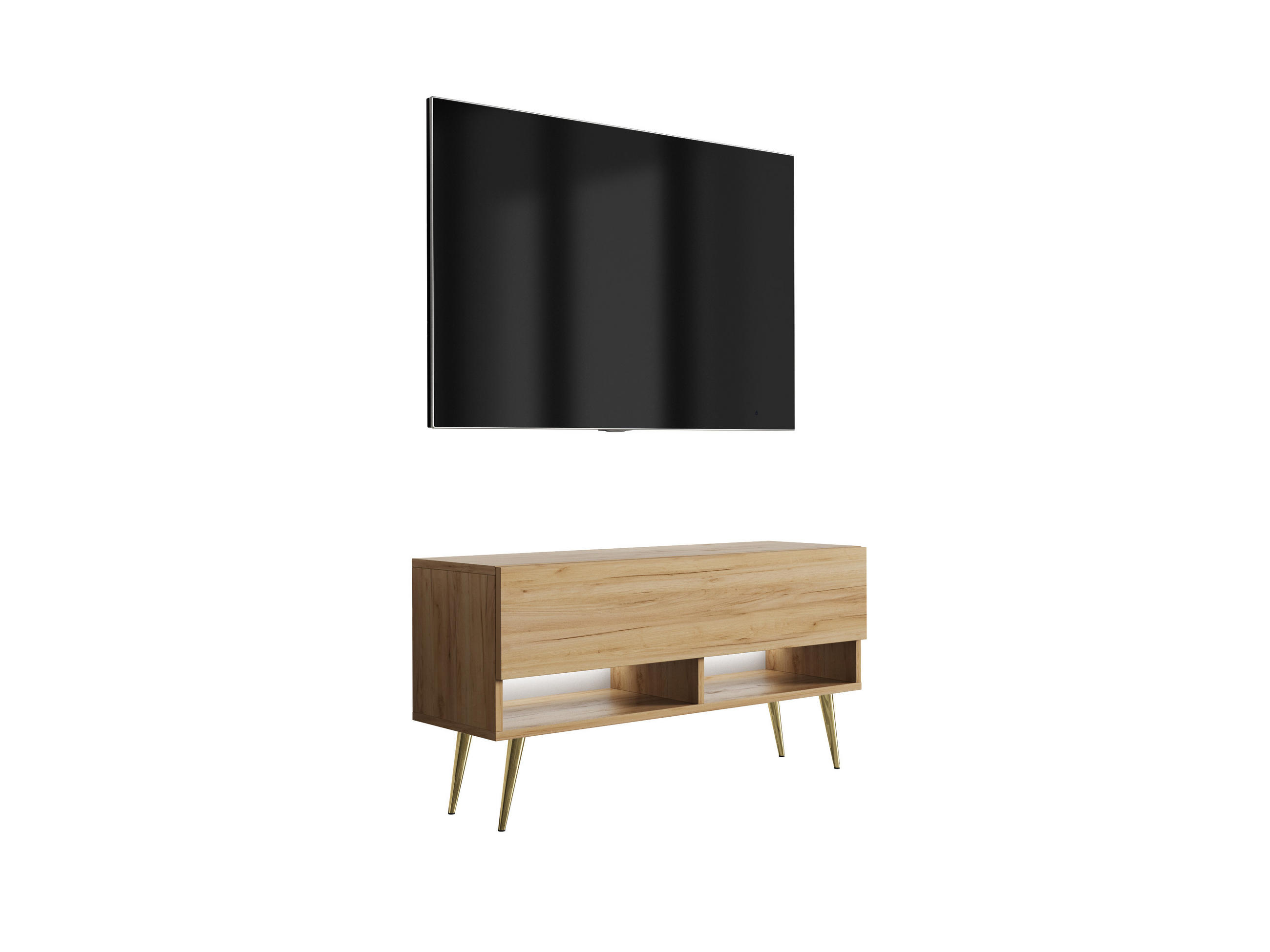 TV-LOWBOARD 100 cm Eiche Craft, goldene schräge Beine, weiße LED, 100 × 32 × 52 cm - Braun, Holzwerkstoff (100/52/32cm) - 3XE LIVING