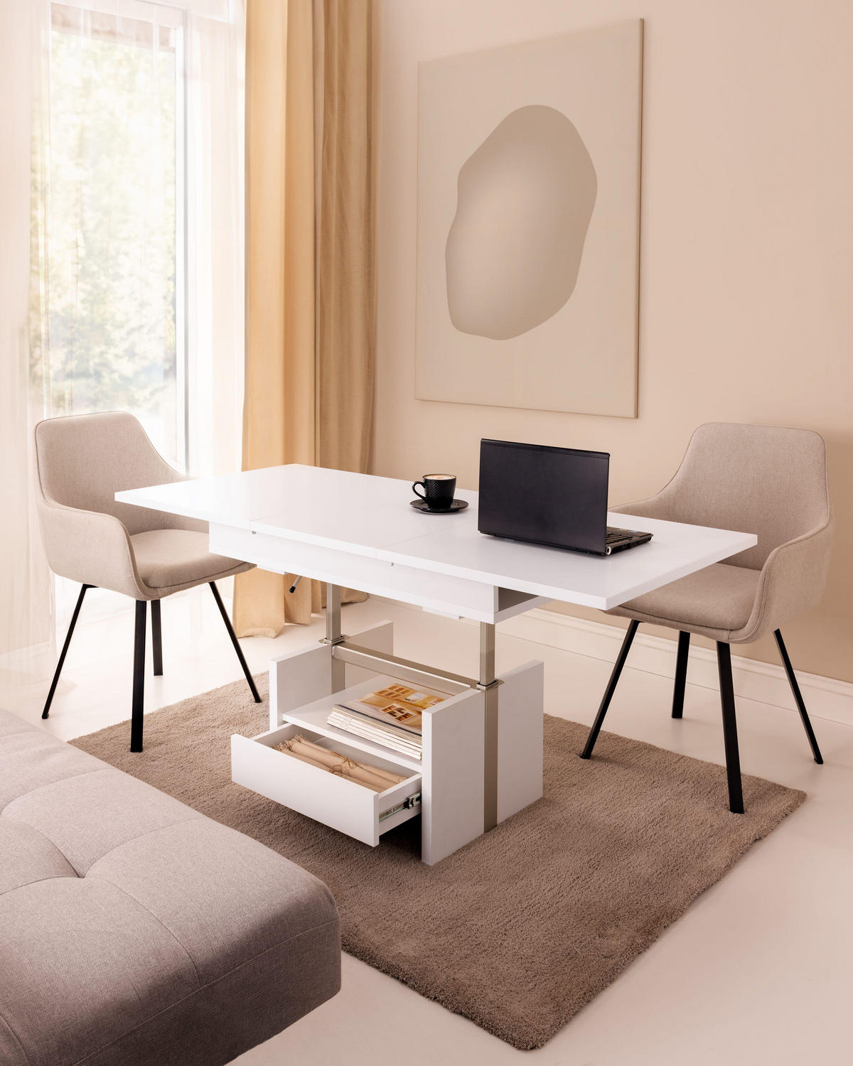 COUCHTISCH rechteckig ausziehbar höhenverstellbar Schubalde 110/64/56 cm - Weiß, Holzwerkstoff (65/110/56cm) - designimpex
