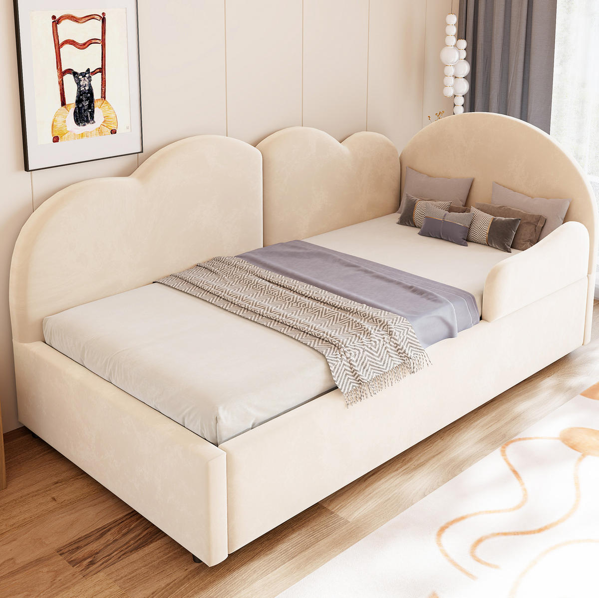 POLSTERBETT 90/200 cm aus Samt mit Wolken-Kopfteil, Beige - Beige, Textil (90/200cm) - OKMYHOME