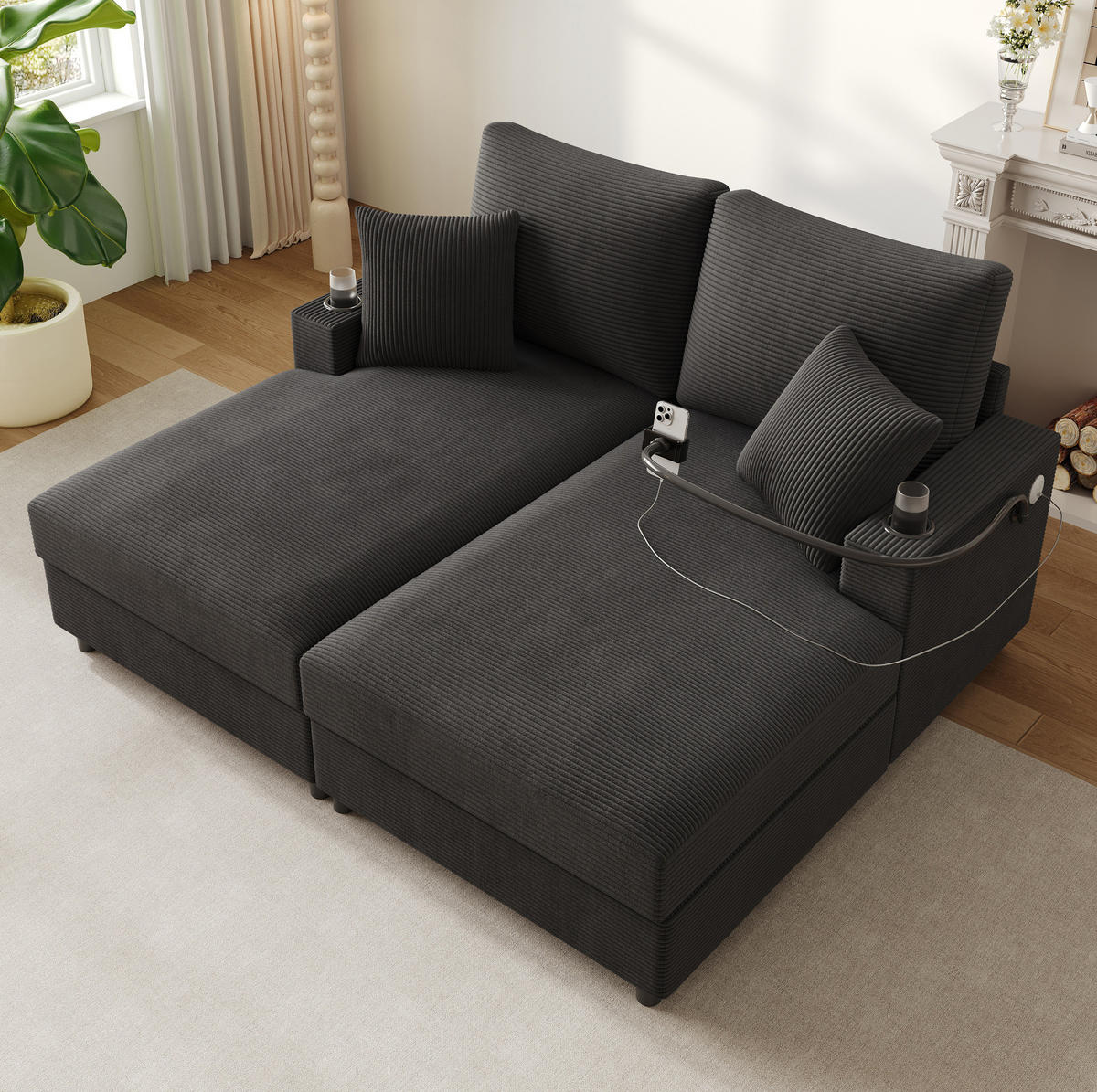 SCHLAFSOFA 163/140/82 cm in Grau – mit USB-Anschluss und Cordbezug - Grau, Textil (140/82/163cm) - BEAOK